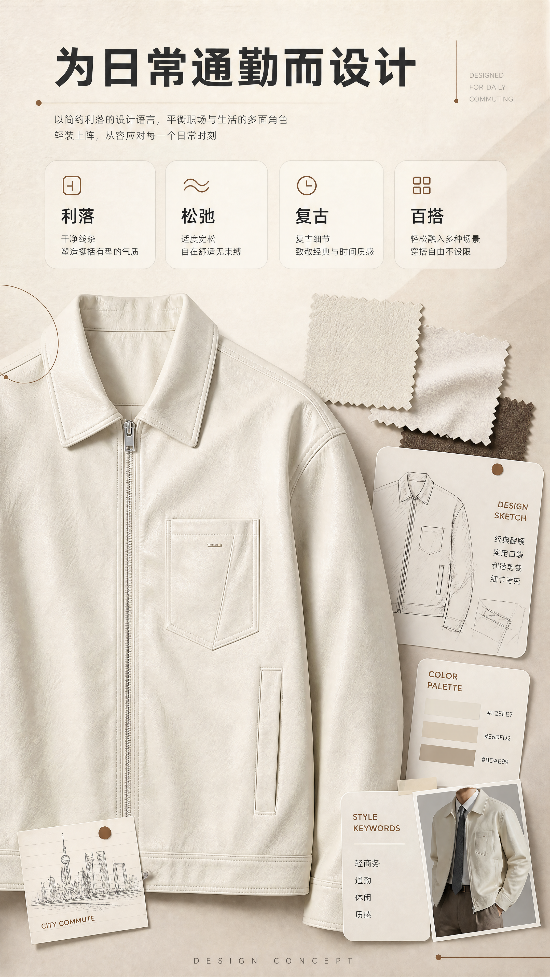[商品] 使用【图1】米白色翻领PU皮夹克；商品处理：保留翻领… - 图片创意预览