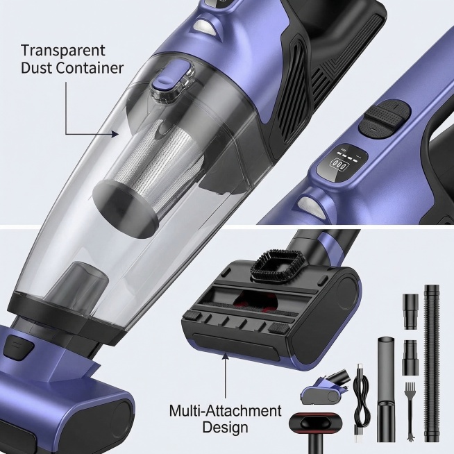 保留原产品外观完全一致，放大展示这款蓝紫色手持吸尘器的核心细节：透明集尘仓、控制按钮和吸头，100%微距放大，突出材质工艺和产品质感，光影细腻刻画纹理，添加英文标注 "Transparent Dust预览效果