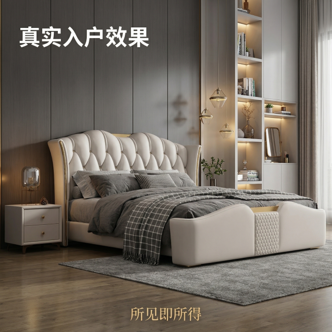 基于提供的米白色软体皮床，生成轻奢法式+现代经典风格拼多多主图，1:1比例。买家秀风格场景，卧室全貌展示，床铺上摆放灰色床品、格子毛毯，营造真实入住的温馨居家感，无模特，仅展示软装搭配后的整体效果。左预览效果