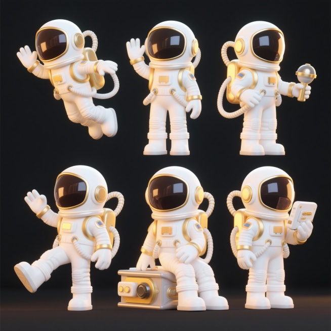 黑色背景，3D渲染风格，六个不同动态和场景的卡通忍者系列素材集合规整排布，每个忍者宇航员保持白色宇航服搭配金色细节的设计，头盔为深色反光面罩，包含背包和管线元素，分别展示漂浮、挥手、敬礼、探索、休息、预览效果