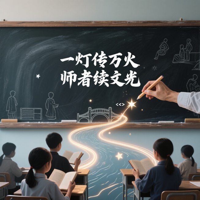 从老师手中的粉笔延伸出流动的光带，光带蜿蜒如河，化作学生手中的书本、星辰、桥梁与代码符号，贯穿黑板中央形成视觉主轴；背景采用渐变墨色板书纹理，象征积淀的智慧，两侧以极简线条勾勒不同年代的课堂剪影，展现预览效果