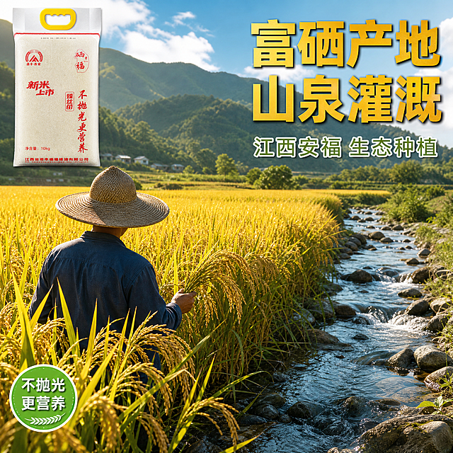 [主图-4] 硒福臻丝苗大米产地场景图（1:1）。
[氛围风格] 食品大米风、田园产地场景、自然生态感、高清实拍；
[画质] 商业摄影质感、高清实拍、光线自然柔和、画面生动有田园感；
[元素] 画面展示富硒大米的产地场景。主体为一片金黄色的稻田，稻穗沉甸甸地垂下（丝苗稻穗细长），阳光洒在稻田上金光闪闪。稻田旁有清澈的山泉水流过，远处是连绵的青山和蓝天白云。稻田中有一位农民（仅展示背影，不露出面部）正在查看稻穗。画面左上角有硒福臻丝苗大米袋的小图展示。整体氛围自然生态，是典型的江南稻田风光。商品主体（大米袋小图）占比约15%，场景占比约85%。
[光影] 户外自然侧光，暖金色调，突出稻田的金黄和稻穗的饱满，山泉有波光粼粼的反光，阴影柔和，整体真实自然有田园感。
[配色] 主色调金黄+翠绿；辅助色天蓝（天空）；强调色米白（大米袋）。
[视角构图] 平视微俯角度，景深较大，稻田延伸至远方青山，层次丰富，自然感强烈。
[文字版式] 右上角主标题"富硒产地 山泉灌溉"，金黄色粗黑体，大号字体。下方小字"江西安福 生态种植"，白色中号字体带浅绿描边。左下角圆形绿底白字标签"不抛光更营养"，小号字体。
[输出要求] 1:1比例，文字清晰锐利，超高清商业摄影质感。
[负向提示词] 变形，文字错乱，产品图模糊，背景杂乱，水印，电商平台Logo，人物面部，畸形手，多余肢体。