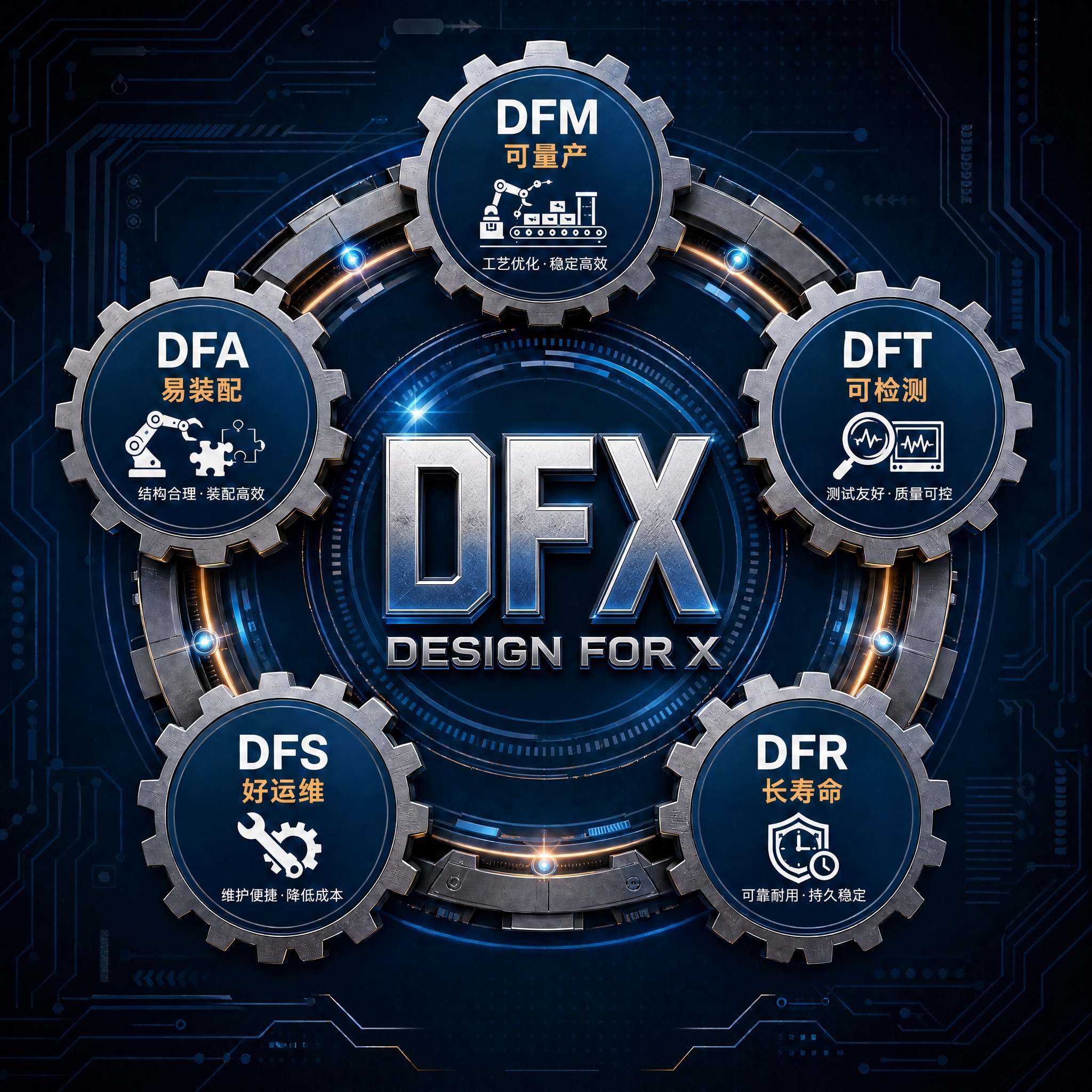 将图片中心的齿轮机械结构替换为醒目的文字"DFX Design… - 图片创意预览