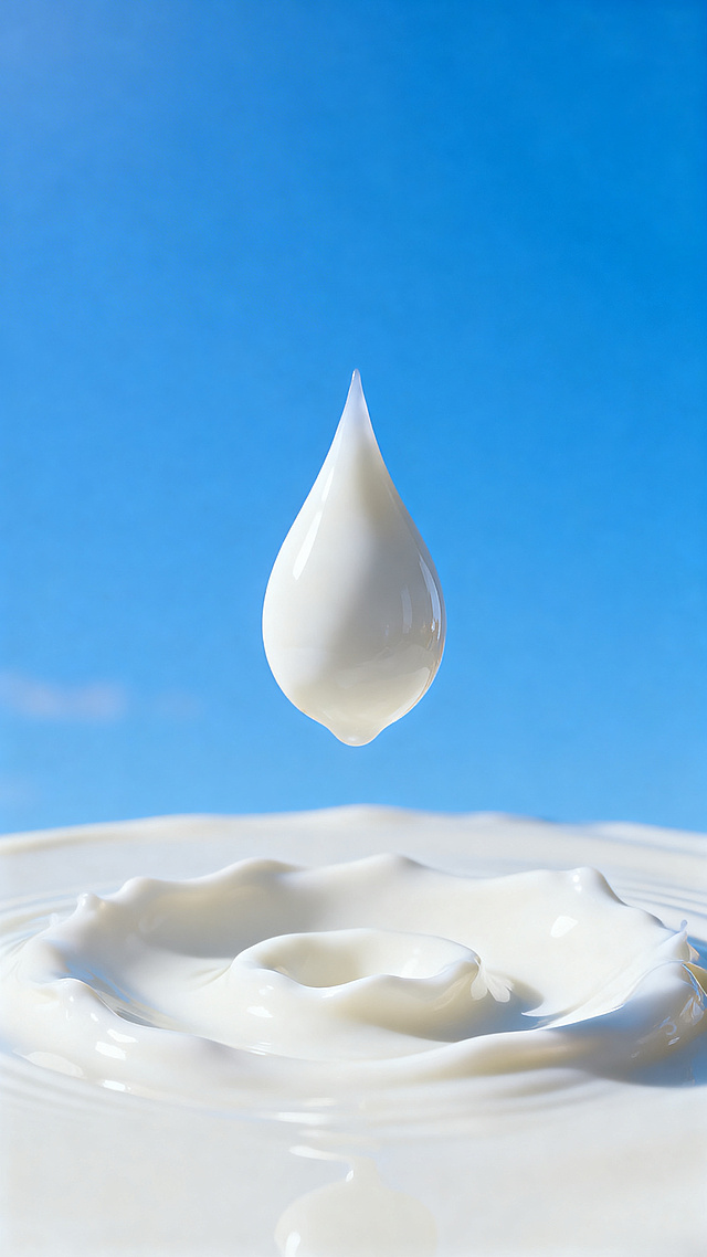 背景是纯净的蓝天，一滴真实质感的牛奶悬浮在画面中心位置，画面底部是自然起伏的牛奶液体，整体画面具有超写实的真实质感，光影自然，细节清晰