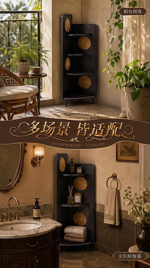 [第6张] 详情页场景页-阳台+卫生间多场景适配。本张使用【图1】作为商品主体，保持产品结构、比例、材质、外观与原图完全一致，不改变尺寸比例。
[氛围/风格] 上下分栏双场景，上半奢华阳台、下半高级卫生间，均为中古风质感，商业摄影级，无人物。
[元素布局] 画面上下分区；上半区：转角置物架嵌入阳台90°墙角，周围有绿植盆栽、藤编休闲椅、小边几、纱帘，阳光洒落；下半区：同款转角置物架嵌入卫生间干区墙角，周围有大理石台面、黄铜水龙头、香薰、毛巾、复古镜子；两个场景均突出产品完美嵌入角落；各占画面约50%高度。
[光影质感] 上半区自然光明亮通透，下半区暖黄灯光柔和，整体光影层次丰富，质感高级。
[配色色系] 全局底色上下统一暖棕调 #4A3830；主色深棕+暖金；辅助色米白、墨绿、大理石灰。
[视角构图] 上下双场景正面平视，阅读动线上阳台→下卫生间→中间标题。
[文字版式] 画面中部横向艺术花体字主标题「多场景 皆适配」，字体花体装饰+金箔质感；上半区右上角小标签「阳台拐角」，下半区右下角小标签「卫生间角落」；中间配装饰性英文「EVERYWHERE · ELEGANT」；文字不遮挡产品。
[比例分辨率] 9:16竖版比例，4K分辨率，文字清晰可辨，高清画质。
[负向提示词] 产品变形，缺件错件，结构错误，颜色偏差，人物出现，展示内部结构，水印，文字错乱，文字过小。