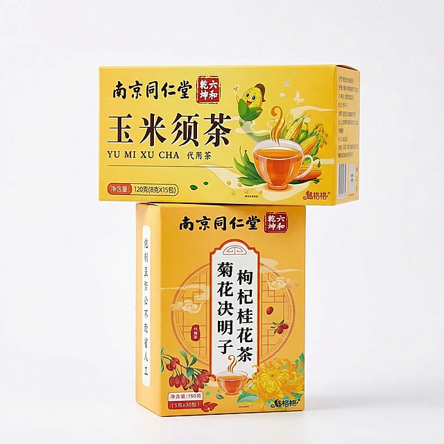 将南京同仁堂玉米须茶包装盒和菊花决明子枸杞桂花茶包装盒堆叠在一起摆放，保持原产品包装上的所有文字和Logo不变，保持两个包装盒主体物理结构不变，纯色背景，整体构图协调自然，商业产品摄影，清晰明亮