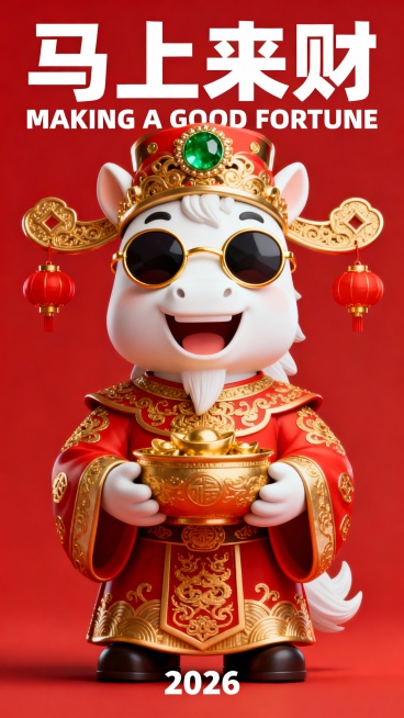 这是一张 3D 卡通风格的财神主题海报，主体为 Q 版拟人马脸财神形象，白色马，采用居中全身立绘构图，占据画面核心区域。财神身穿红金配色的传统官袍，装饰繁复的金色纹样，头戴镶嵌绿宝石的鎏金官帽，帽檐两预览效果