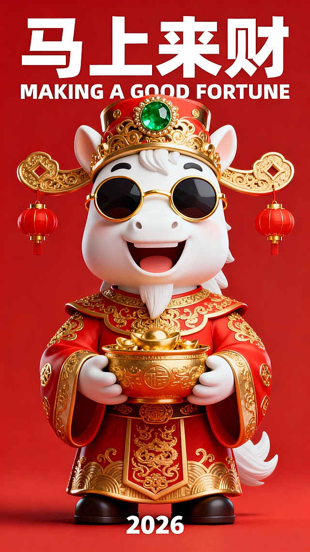 软3D风卡通马拟人形象，身着鎏金红袍，戴墨镜持金元宝，喜庆吉祥，融合传统与现代，传递2026新春财运祝福。