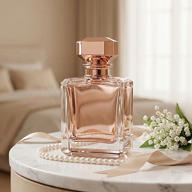 保持香水瓶主体结构完全不变，保留玫瑰金切割金属盖、通透水晶玻璃瓶身的细节特征，生成轻奢优雅风格香水广告图。场景为精致梳妆台陈列，白色大理石台面，点缀珍珠、香槟色丝带、一小束白色铃兰，背景是暖米色柔焦的卧室空间，光线采用通透漫射柔光，突出瓶身通透质感与金属盖的光泽，整体氛围高级精致，符合25-45岁精致女性审美，适用于送礼、职场、晚宴等场景的宣传。