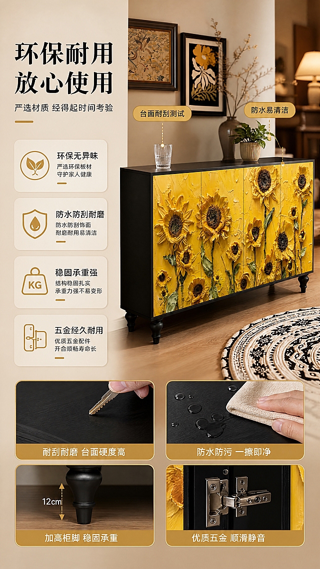 [商品] 使用【图1】梵高向日葵立体浮雕四门玄关柜；保留外观、颜色、浮雕图案；展示环保、耐用、承重等品质特性。
[画面] 目标：环保与耐用品质背书，增强购买信心。构图：左右分栏，左侧50%文案+图标，右侧50%产品+品质演示。主体位置：右侧，产品占画面约45%。角度：正面微侧。景别：中景+局部特写组合。阅读动线：左上→右中→左下。前中后景：右侧：前景台面放水杯/绿植演示耐刮防水，中景完整柜体，后景暖光虚化；左侧信息卡层次分明。
[视觉] 套系策略：风格=中古风艺术家居商业摄影；标题字=衬线粗体（艺术感）；正文字=简洁无衬线体；主色=向日葵暖黄+哑光黑；背景延展=米杏色+暖棕色调，同色系深浅渐变；强调色=暖金色，仅用于小面积图标、引线和标签；标题色=哑光黑；正文色=深暖灰；组件=盾牌/对勾品质图标、数据标签、圆角信息卡；光影=正面暖柔光，清晰展示品质细节。
[文字] 左侧主标题「环保耐用 放心使用」（8字），副标题「严选材质 经得起时间考验」（12字）。下方4个品质卖点（图标+文字）：「环保无异味」「防水防刮耐磨」「稳固承重强」「五金经久耐用」。右侧产品图上配2个演示标签：「台面耐刮测试」「防水易清洁」。
[规格] 图片比例9:16竖版，4K分辨率，负向提示：避免变形、错字、文字过小、虚假演示、颜色偏差、冷色调。