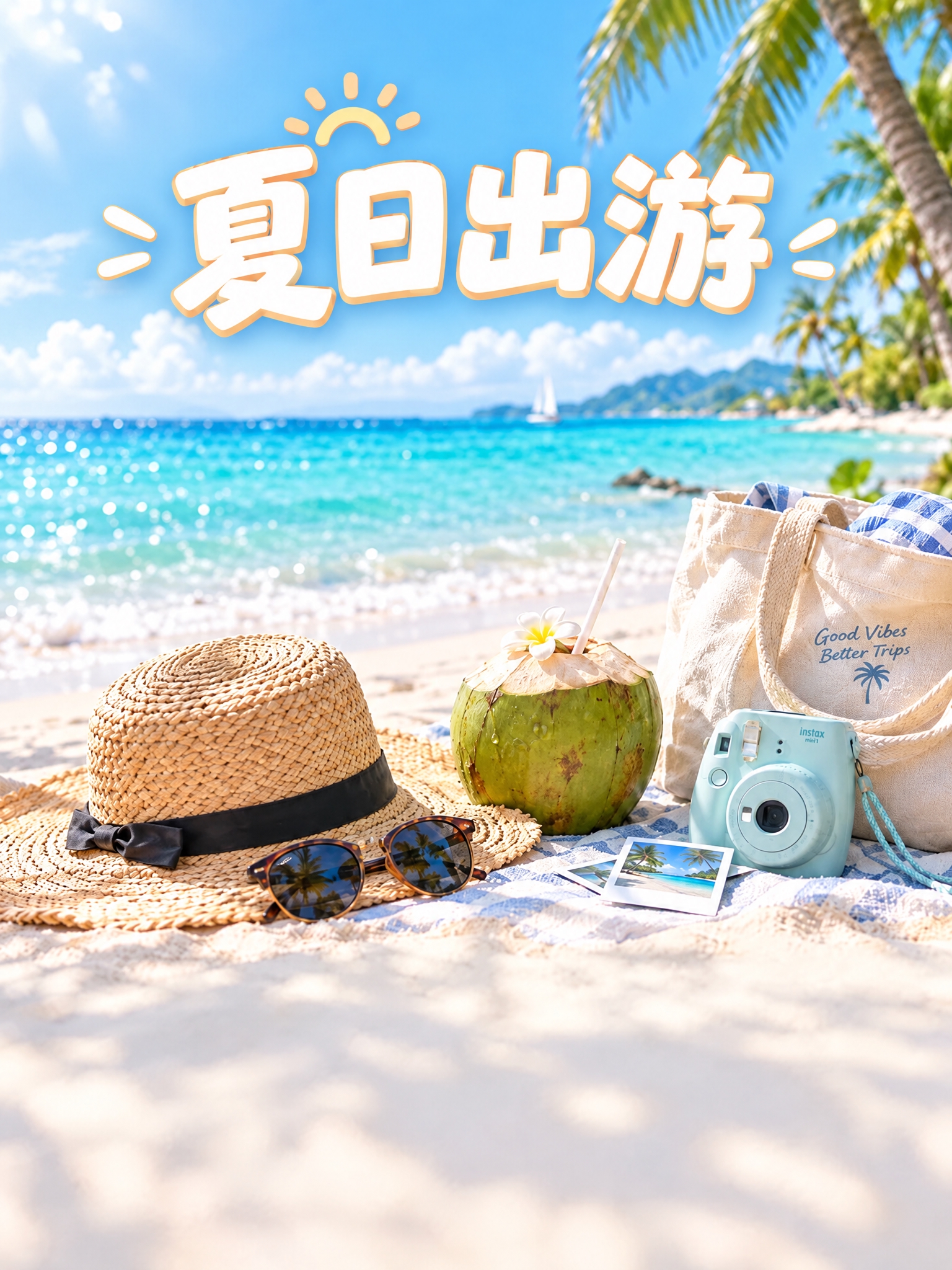 保持原图海边沙滩场景、草帽、椰子、拍立得相机、帆布袋等元素与整… - 图片创意预览