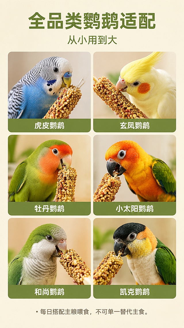 「图片1」，生成详情页，适配淘宝/天猫平台，单图比例为9:16，# 鹦鹉谷物零食棒 10屏完整AI文生图提示词（清新自然谷物风，统一浅绿+米白实景棚拍调性）
## 第1屏
主文案：谷物磨牙零食棒
副文案：营养磨喙二合一
文案设计与排版：主文案页面顶部居中加粗绿色大字，副文案紧随主文案下方浅绿细体小字，底部放置4个简约图标标注天然食材/丰富营养/啃咬磨喙/训练互动
画面主体与构图：横向宽幅电商详情页构图，淡蓝天草地实景背景，3根金属挂钩零食棒悬挂画面中心，多只彩色牡丹鹦鹉环绕啃食，散落小米、果蔬干、青苹果点缀四周，构图均衡饱满
画质与细节：8K超高清，自然光柔和漫射，谷物颗粒纹理清晰，鹦鹉羽毛色彩细腻通透，无噪点，实景实拍质感，无卡通元素

## 第2屏
主文案：养鸟3大困扰
副文案：一根全解决
文案设计与排版：主文案页面上方居中深绿粗体，副文案下方浅灰色小字，页面均分三栏对比图文，每栏顶部小字标注痛点
画面主体与构图：暖米色纯色简约棚拍背景，左栏鹦鹉过长尖喙啃笼、中栏鹦鹉掉毛干枯、右栏鹦鹉挑食拒食；右侧搭配喂食本品后状态对比小图，左右对称分栏构图
画质与细节：8K高清，实物实拍，画面明暗柔和，对比区分清晰，谷物色彩自然，无多余杂物

## 第3屏
主文案：0添加安心配方
副文案：拒绝高糖蜂蜜
文案设计与排版：主文案顶部居中加粗绿字，副文案下方浅细字体，页面中部横向4个绿色标签标注0工业胶水/0诱食剂/0防腐剂/0蜂蜜，右下角红色叉号划掉蜂蜜示意图
画面主体与构图：透明亚克力托盘盛放各类原生谷物原料居中摆放，零食棒斜置托盘前方，淡金色通透光晕环绕产品，浅米纯色背景，竖版居中构图
画质与细节：8K微距高清，谷物种子纹理清晰可见，通透光影质感，色彩低饱和天然，无反光杂斑

## 第4屏
主文案：黄金耐啃硬度
副文案：护喙不划伤
文案设计与排版：主文案上方居中深绿粗字，副文案下方浅小字，侧边小字标注耐啃不碎、不伤嘴
画面主体与构图：浅奶茶色纯色背景，画面中心特写牡丹鹦鹉用力啃咬零食棒，左侧摆放普通易碎谷物棒做破损对比，产品占据画面70%视觉重心，斜向动态构图
画质与细节：8K写实实拍，颗粒咬合细节清晰，羽毛绒毛层次分明，光影柔和，无刺眼高光

## 第5屏
主文案：全谷物营养满配
副文案：美毛减少掉毛
文案设计与排版：主文案顶部居中加粗绿字，副文案下方浅细字体，页面底部4个绿色标签标注膳食纤维/微量元素/维生素/蛋白质
画面主体与构图：纯白圆盘平铺多种原料谷物、果蔬干、玫瑰花瓣，零食棒整齐摆放在圆盘中心，淡绿色通透营养分子图标悬浮画面右侧，俯拍居中对称构图
画质与细节：8K高清俯拍，食材色彩真实柔和，颗粒质感立体，自然光均匀铺洒，干净整洁电商棚拍质感

## 第6屏
主文案：三种风味可选
副文案：满足挑食爱鸟
文案设计与排版：主文案页面上方居中加粗绿字，副文案下方浅小字，三根零食棒底部分别标注果蔬款/花草款/谷物款小字标签
画面主体与构图：自然光桌面实景，三根不同配料零食棒横向并排居中摆放，每根侧边搭配对应风味原料小堆点缀，浅原木桌面背景，水平对称构图
画质与细节：8K高清实拍，花瓣、果蔬干色彩鲜活，谷物颗粒立体，画面干净通透，无杂乱杂物

## 第7屏
主文案：双场景随心喂
副文案：训练笼养两用
文案设计与排版：主文案顶部居中加粗绿字，副文案下方浅小字，页面均分左右两栏，每栏顶部小字标注场景名称
画面主体与构图：居家鸟房真实场景分栏构图，左栏人手持零食棒互动训练鹦鹉，右栏鸟笼挂钩悬挂零食棒，鹦鹉自主啃食，浅木色鸟笼柔和背景
画质与细节：8K写实实景，室内柔和自然光，鹦鹉动态自然真实，画面层次丰富，无卡通插画

## 第8屏
主文案：全品类鹦鹉适配
副文案：从小用到大
文案设计与排版：主文案页面上方居中加粗绿字，副文案下方浅小字，底部6个方形小框标注对应鹦鹉品种名称
画面主体与构图：浅米色统一背景，六格拼图排版，每格分别实拍虎皮、玄凤、牡丹、小太阳、和尚、凯克鹦鹉啃食零食棒画面，整齐网格对称构图
画质与细节：8K高清拼接实拍，各类鹦鹉羽毛色彩还原真实，画面光影统一，视觉整洁规整

## 第9屏
主文案：正品品质保障
副文案：售后无忧喂养
文案设计与排版：主文案顶部居中加粗绿字，副文案下方浅小字，页面分三栏小字标注工厂质检/破损补发/饲养指导
画面主体与构图：简约白底三栏拼接实景，左栏谷物生产车间实拍、中栏纸质质检报告特写、右栏真实买家鹦鹉喂食实拍，横向均分构图
画质与细节：8K高清实景照片拼接，色调统一清新，文字印刷清晰，无模糊失真，自然光柔和
# 第10屏（产品参数页）完整标准化提示词
## 第十屏
主文案：产品参数
副文案：规格明细
文案设计与排版：主文案页面顶部居中加粗深绿字，副文案紧随下方浅细字体，页面主体为规整白底表格，分四大板块：净含量、适用对象、原料组成、使用&储存注意事项，黑色清晰印刷字体，行间距宽松易读
画面主体与构图：纯白极简电商背景，居中放置规整分栏参数表格，上下留白充足，静态居中对称构图，无多余装饰，整体干净清爽
画质与细节：8K高清平面海报质感，字体清晰锐利无模糊，色彩统一清新浅绿表头，表格线条纤细规整，无噪点杂斑

### 表格内完整文字内容（直接填入画面）
1. 净含量：110g
2. 适用对象：各类中小型鹦鹉
3. 原料组成
基础谷物款：小米、燕麦、豌豆、高丽菜、胡萝卜、苹果、紫薯、麦芽糖、蜂蜜
蜂蜜果蔬款：胡萝卜、小米、燕麦、菠萝、木瓜、蜂蜜、贝壳粉、麦芽糖
4. 使用方法：直接放置主粮中一同喂食
5. 注意事项：开封后请密封冷藏，保持干燥

---
# 配套全10屏参数适配微调补充
1. 第6屏（三种风味可选）新增区分：基础谷物款、蜂蜜果蔬款，对应上述两套原料配方，画面原料堆分别匹配对应食材
2. 第7屏、第8屏底部小字补充喂食提示：每日搭配主粮喂食，不可单一替代主食
3. 第9屏售后板块增加储存小贴士小字：开封密封冷藏，防潮保鲜