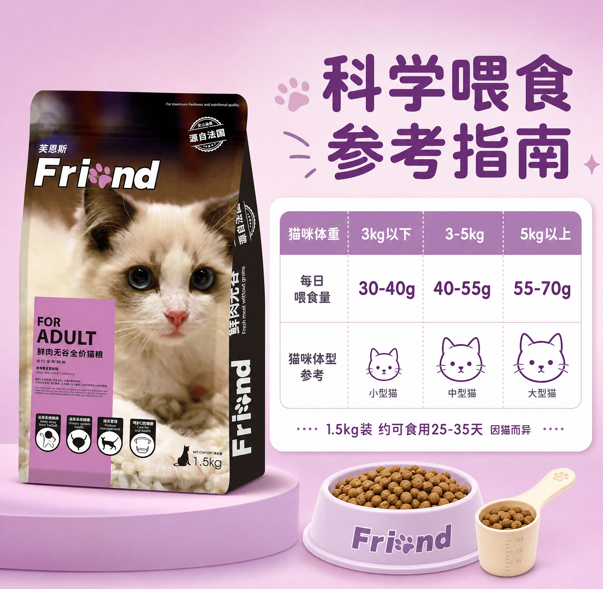 [主图-5] 喂食标准与规格信息图 展示不同体重猫咪的喂食量… - 图片创意预览