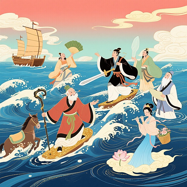 生成八仙过海形象图 要有海浪风帆元素