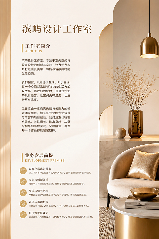 客户方案代设计服务介绍
告别碎片化设计，赋能定制家装全周期落地

工作室简介
滨屿设计工作室，业务覆盖高端家装、全屋定制、商业空间三大设计领域，打通产品研发、方案设计、生产施工、实景落地全链条，提供一体化闭环设计服务。团队专业底蕴深厚，精通家居产品结构、加工工艺、主材选材、全屋软装配置，深耕项目落地全流程，对接工厂生产与现场施工全环节，精细化把控工艺细节，保障设计方案高度实景还原。团队设计克制务实，擅长材质整合与色彩统筹，兼顾空间美学、居住实用性与施工落地性，规避设计理想化、落地翻车问题。 区别于常规设计机构，滨屿兼具设计服务与行业赋能属性，致力于专业设计交流平台的搭建。依托二十年行业积淀，整合优质设计师资源，可根据项目体量、业态需求快速输出专项设计服务团队，适配不同类型的设计项目委托。平衡美学效果、造价成本、落地效率与人居、商业需求，交付客户以专业可控、落地性强、高性价比的设计成果。 

业务发展前提
在全屋定制与家装行业高速迭代的当下，设计能力已然成为门店、工厂、装修公司的核心竞争力。多数中小从业主体受限于团队规模、设计师产能、专业审美、全周期落地经验，常面临设计碎片化、效果图与落地效果脱节、施工图不规范、交付效率低下等痛点，错失客户成交机会、影响品牌口碑。
滨屿工作室深耕家装定制设计领域，聚焦中小规模全屋定制工厂、线下门店、装修公司等核心客群，打造全屋定制设计、全案美学设计、样板房设计三大核心代设计服务，构建从需求对接、方案设计、图纸细化到落地适配的一体式无断点全案设计体系，彻底告别传统碎片化装修设计模式，以标准化、专业化、落地化的设计服务，为合作客户赋能减负、提效增收。

服务项目范围
滨屿工作室三大代设计服务，均依托行业主流专业工具落地，以酷家乐效果图、CAD结构图、CAD施工图为标准化交付成果，图纸精准适配工厂生产、现场施工落地，兼顾视觉美学与工程实用性，全方位满足客户不同场景的设计需求。
1. 全屋定制设计（门墙柜一体化）
聚焦全屋柜体定制核心场景，覆盖入户柜、鞋柜、电视柜、衣柜、书柜、橱柜、榻榻米、阳台柜、木门、墙板等全品类定制家具设计。结合户型结构、居家动线、客户生活习惯与预算标准，打造尺寸精准、收纳合理、风格统一、适配生产的定制设计方案，解决传统定制设计尺寸偏差、收纳冗余、风格杂乱、无法落地生产等问题。
2. 全案美学设计（家居空间一体化）
突破单一柜类产品设计局限，主打全屋整体空间美学统筹设计，涵盖硬装优化、色彩搭配、材质拼接、软装适配、灯光布局、全屋风格统一等全维度内容。贯通客餐厅、卧室、厨房、卫生间、阳台等所有居家空间，实现从基础硬装、定制柜体到软装陈设的一体化美学落地，规避装修风格割裂、空间搭配违和、审美杂乱等痛点，打造兼具颜值、质感与实用性的全屋居住空间。
3. 样板房设计（家居家装一体化）
专为家装门店、楼盘样板间、拎包业务套餐的定制设计，精准贴合市场主流审美、楼盘户型特点与品牌定位。设计侧重视觉冲击力、空间展示性、客户体验感与成交引导性，通过合理化空间布局、精细化美学搭配、场景化氛围营造，最大化凸显空间优势与产品核心卖点，助力合作客户提升门店引流、获客与成交能力。

客户群体定位
基于三大设计服务的适配场景与行业痛点，结合行业从业主体规模与需求差异，精准划分核心客群、次要客群与潜力客群，实现服务精准匹配、需求高效对接。
1. 核心客户画像
中小规模全屋定制工厂：无专职专业设计团队、设计师产能不足，需要为客户提供专业的门墙柜定制类的效果图与生产施工图，借助外包设计完成订单落地，追求图纸精准度、交付效率与生产适配性。
线下全屋定制门店：单店人员配置精简，设计师人手短缺、审美能力有限，无法承接高端全案设计与样板房设计需求，需要快速出图、方案优质的代设计服务支撑谈单成交。
中小型装修公司：主打家装整装、局部装修业务，缺乏专业全案设计体系，设计方案碎片化，效果图与施工落地脱节，需要一体化全案设计服务提升装修品质与客户满意度。
2. 客群层级划分
核心刚需客群：中小全屋定制工厂、社区型定制门店，高频需求为全屋定制柜体代设计、批量施工图输出，刚需性强、复购率高。
品质升级客群：中小型装修公司、中高端定制门店，主打整装家装、高端定制业务，核心需求为全案美学设计，注重空间整体质感与方案落地效果。
品牌赋能客群：新开定制门店、楼盘营销样板间、品牌升级门店，核心需求为样板房设计，侧重场景展示、美学呈现与商业获客价值。

滨屿服务优势
1. 全周期一体式服务，告别碎片化设计
打破行业单一效果图设计、局部图纸设计的碎片化弊端，打通需求对接-方案设计-效果呈现-结构细化-施工落地适配全服务链路，一站式完成效果图、结构图、施工图全套输出，无需客户多方对接、反复修改，全程无断点、无漏洞，大幅节省客户时间与沟通成本。
2. 双图纸标准化交付，落地性极强
所有设计方案均配套酷家乐高清效果图+全套CAD专业图纸。效果图真实还原全屋落地效果，色彩、材质、灯光高度复刻实景；CAD结构图精准标注柜体尺寸、结构工艺、拼接方式，施工图规范标准、细节完善，完全适配工厂生产、现场施工，从根源避免设计与落地不符、图纸无法施工、生产出错等问题。
3. 行业深耕经验，适配中小客户需求
深耕家装定制设计行业，精准洞悉中小工厂、门店、装修公司的经营痛点与客户需求，设计方案不追求过度浮夸，兼顾美观性、实用性、经济性、落地性。贴合大众家装审美与市场定价体系，方案适配不同户型、不同预算，助力客户快速谈单、高效落地、降低损耗。
4. 轻量化合作模式，降本增效
客户无需组建专职高薪设计团队，无需承担设计师招聘、培训、管理成本，按需采购代设计服务即可获得专业级设计成果。有效解决传统设计团队产能不足、淡季人力冗余、旺季接单乏力的问题，大幅降低客户运营成本，提升业务承接能力与市场竞争力。
5. 定制化灵活适配，贴合品牌调性
可根据合作客户的品牌定位、产品风格、主营品类、目标客群审美，定制专属设计风格与方案体系，避免同质化设计。无论是简约刚需、轻奢高端、新中式、原木风等主流风格，均可精准适配，助力客户打造专属品牌设计特色。

排版要求：
严格遵循并导入文案内容（不可修改、只需合理排版），生成一套宣传画册。
画册风格：高端、时尚、简洁，不要在任何版面上添加页码、序号、LOGO或者广告语；
视觉元素：背景、插图均采用现代风格的家居、软装或空间设计元素。 
画册规格：W20cm×H30cm； 
版面色调：金黄色； 
版面页数：6P