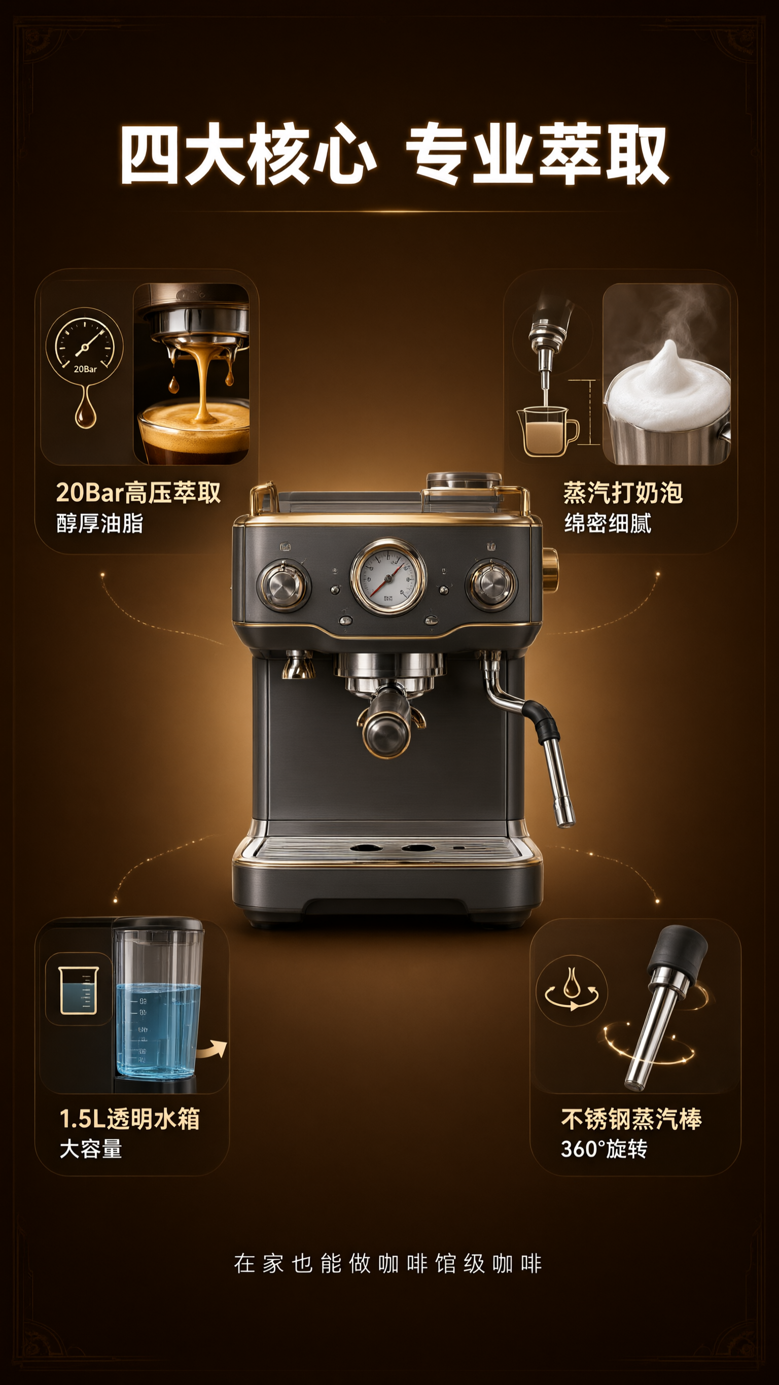 电商详情页第二张，咖啡机核心卖点与功能总览页。 [氛围/风格]… - 图片创意预览