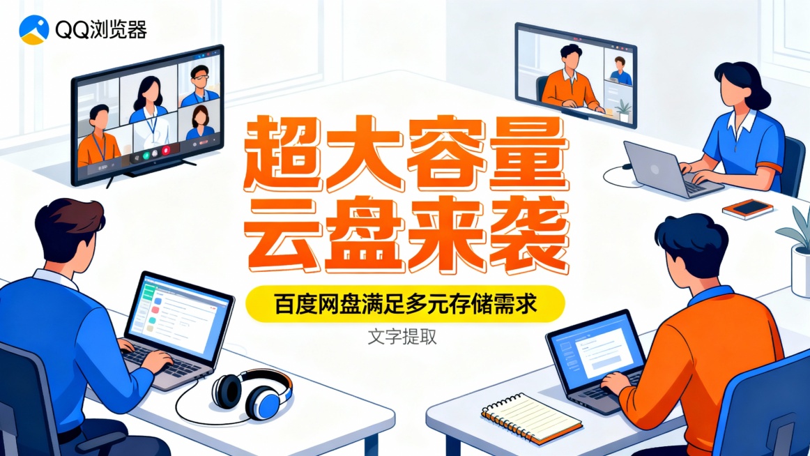 左上角QQ浏览器logo，中央大号橙色立体标题“超大容量云盘来袭”配黄色标签“百度网盘满足多元存储需求”。场景为远程办公环境，展示视频会议画面，参与者来自不同地点，桌面摆放着笔记本电脑、耳机、记事本等预览效果