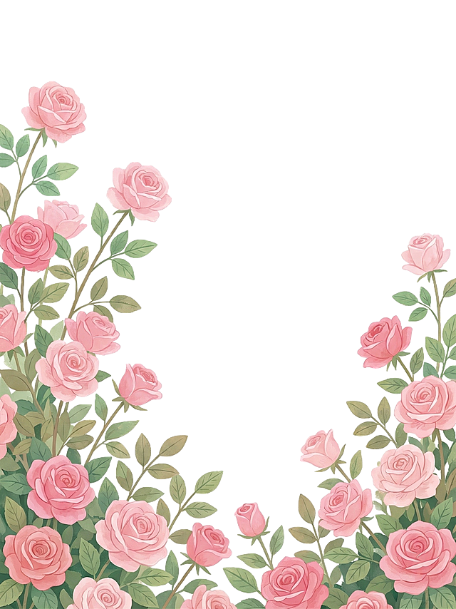 扁平插画风玫瑰花丛，延续原图风格，左右两侧花丛底部装饰，白色背景，粉色玫瑰搭配绿色枝叶，清新治愈色调，手绘质感，和示例花卉插画风格一致
