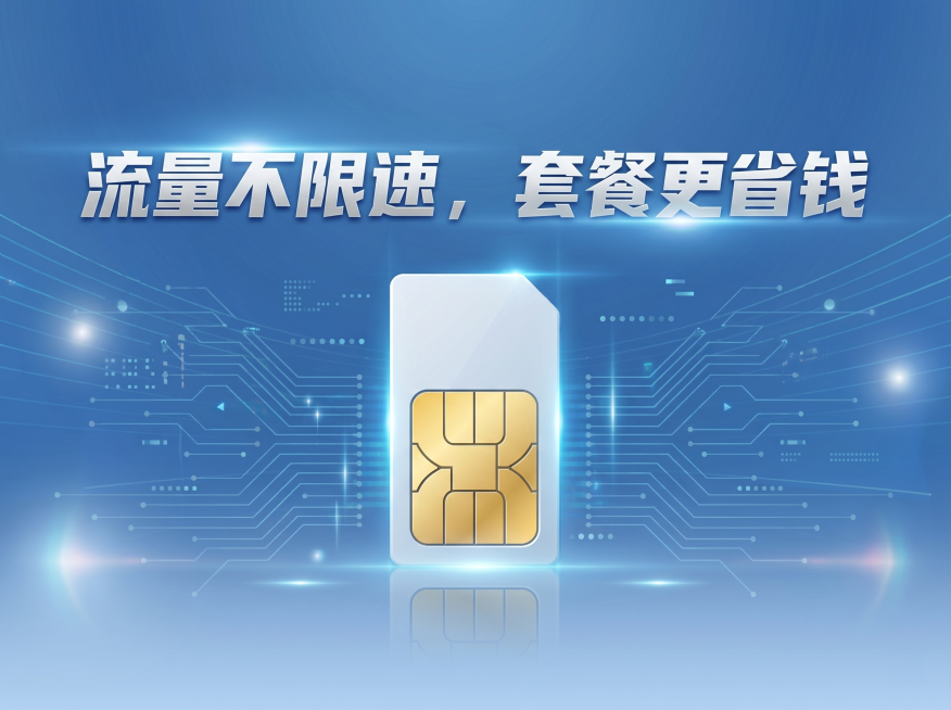 手机卡推广封面图，采用简洁明亮的商务科技风格，画面展示手机SIM卡实物，搭配大标题"流量不限速，套餐更省钱"，背景为渐变色蓝色科技感，构图居中，整体清爽吸睛适合推广预览效果
