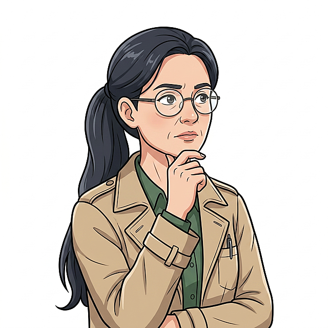 参考提供图片中的卡通插画设计风格，生成一位44岁的中年女老师，齐腰长发扎马尾，穿风衣，单手托下巴思考表情，纯白色背景，年龄在35-50之间