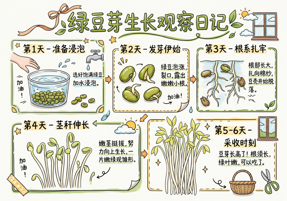 绿豆芽生长过程观察日记，马克笔手绘风格，横版布局，画面包含绿豆发芽不同阶段的展示，标题为"绿豆芽生长观察日记"，尺寸297*210，手绘线条清新，色彩自然预览效果