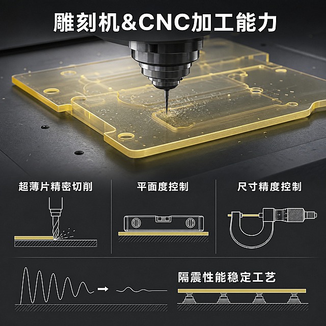 [主图-4] 主题：雕刻机&CNC加工能力图。唯一任务：展示超薄片精密切削、平面度与尺寸控制能力，以及隔震性能稳定工艺，证明加工实力。
[统一基调] 哑光高级质感风，深哑光灰色质感背景，白色文字，清晰端正无衬线字体，字体不变形不拉伸不压扁，高级简约工业感。
[画面] 画面中心或偏上位置展示CNC雕刻机加工半透明黄色薄片形PU工件的场景示意图或产品+刀具组合，精密刀具正在超薄PU片上进行精密切削加工，体现超薄片精密切削工艺，切屑细微。画面下方或四周分布三个加工能力展示模块：超薄片精密切削（配超薄PU片侧视切削示意图）、平面度控制（配水平仪/平面测量示意图）、尺寸精度控制（配千分尺测量薄片厚度示意图）。右下角或底部补充"隔震性能稳定工艺"的说明。整体构图以加工场景为主视觉，四周分布能力点说明，层次清晰，高级专业。
[光影质感] 高级工业产品摄影+示意图结合的风格，主体PU薄片和加工场景有真实光影质感，半透明效果自然，示意图为简约白色线面风格，整体协调统一，专业感强。
[配色] 深哑光灰色质感背景，半透明暖黄色PU零件，加工设备和刀具为金属银灰调，文字和示意图标全部为纯白色，整体深灰+暖黄+白的高级配色。
[文字版式] 顶部有白色粗体无衬线主标题"雕刻机&CNC加工能力"。三个能力点名称"超薄片精密切削""平面度控制""尺寸精度控制"为白色粗体无衬线字体，配对应示意图标。底部补充文字"隔震性能稳定工艺"为白色无衬线字体。所有文字清晰端正不变形，横排排列。画面仅出现以上指定文字，不出现任何额外文字、水印或logo。
[输出要求] 1:1正方形，2048*2048像素，加工能力展示清晰，产品细节准确，半透明质感真实，文字全部清晰可读，工业专业感强。负向：变形、错字、模糊、杂乱、水印、logo、多余文字、加工场景不真实、结构错误、半透明效果差。