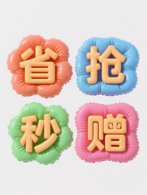 3D渲染风格，纯白色背景，四个不同配色的规整排布素材，每个素材包含一个膨胀效果的艺术字，字体圆润饱满，光滑有光泽的材质，充气后的褶皱细节清晰可见，呈现出强烈的充气立体感，艺术字内容分别为“省”、“抢”、“秒”、“赠”，每个字位于独立的、带有充气褶皱边缘的不规则形状彩色背景上，整体视觉层次分明，色彩鲜明，信息传达直接高效，符合促销活动的宣传目的。预览效果