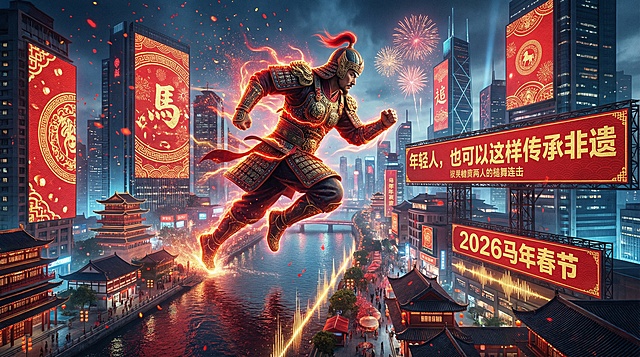 2026马年春节，巨人沿江奔跑跳跃，槌舞连击，城市LED同步传统纹样动画，快速转场、强节拍鼓点，字幕“年轻人，也可以这样传承非遗”，电影级质感、超真实渲染、高动态范围、轻微电影颗粒，红金主色调+城市冷蓝对比，粒子能量特效，Cinematic、epic scale、hyper realistic、Cyber Oriental Aesthetic风格