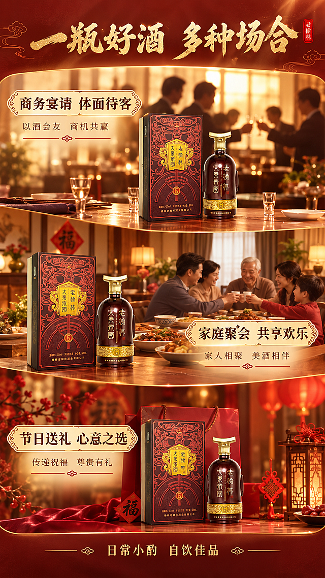 [商品] 使用【图3】红纸盒款+瓶身；保留瓶身与纸盒外观完全不变。
[画面] 第7张 多场景应用页，目标展示白酒适用的多种生活场景。竖版9:16构图，画面分为三个场景区块纵向排列：上部商务宴请场景（精致餐桌、酒杯、商务人士碰杯剪影、暖光环境），中部家庭聚会场景（温馨餐桌、家常菜、家人围坐氛围），下部节日送礼场景（红色礼盒、节日装饰、礼品感）。每个场景中都有一瓶老榆林白酒自然融入。整体暖色调统一，场景间柔和过渡。
[视觉] 套系策略：风格=暖色系高端国风白酒商业摄影；标题字=厚重书法黑体；正文字=简洁宋体；主色=酒红暖金；背景延展=基于酒红暖金做深浅渐变、场景光影、暖光晕染；强调色=朱红印章色，仅用于小面积印章、图标和引线；标题色=金色；正文色=深褐色；组件=圆角场景卡片、金色细线分隔、场景标题条；光影=各场景均为暖调温馨光线，产品在每个场景中光影自然融合，无悬浮感。
[文字] 顶部主标题"一瓶好酒 多种场合"金色书法大字。三个场景区块分别有标题："商务宴请 体面待客""家庭聚会 共享欢乐""节日送礼 心意之选"。底部补充"日常小酌 自饮佳品"。文字均为横排，放在各场景负空间，不遮挡产品。
[规格] 比例9:16竖版，4K，负向：变形、错字、模糊、水印、平台logo、冷蓝/冷灰背景、人物面部扭曲、产品外观改变。