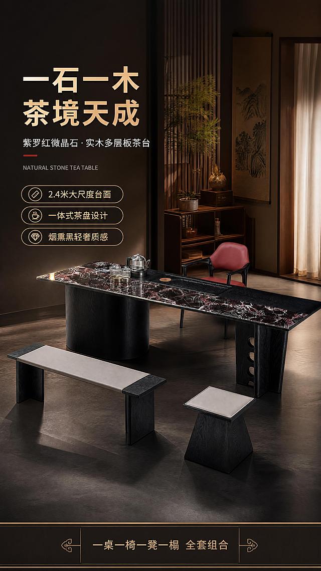 [第1张] 详情页头图-紫罗红微晶石实木茶台组合主视觉海报。本张使用【图1】作为商品主体，茶桌、主椅、长凳、方凳全套组合展示。
[氛围/风格] 现代轻奢新中式茶室风，高级商业摄影质感，深棕黑主调+紫罗红点缀，暖光氛围，静谧雅致。
[元素布局] 茶台组合置于画面右侧偏中，占比约60%-65%，45°斜侧视角展示全貌；左侧为新中式茶室背景，含木质格栅、禅意摆件、绿植、柔和纱帘，三层软装层次分明；茶台表面摆放茶具套装，紫罗红微晶石台面纹理清晰，烟熏黑色实木框架质感厚重；产品物理结构、比例轮廓、颜色材质与输入图一致。
[光影质感] 左上方暖调柔光主光，右侧辅光补亮暗部，台面有柔和高光反射，底部自然投影，整体明暗层次丰富，质感高级。
[配色色系] 全局底色 #1E1A17 深棕黑；主色烟熏黑色+紫罗红大理石纹；辅助色暖木色、米白软装、金色点缀。
[视角构图] 45°斜侧微俯视，产品为视觉中心，阅读动线左上标题→中部产品→底部信息条。
[文字版式] 左文右景版式，左侧约1/3竖列文案区。主标题「一石一木 茶境天成」，副标题「紫罗红微晶石·实木多层板茶台」，两行黑体左对齐；标题下英文角标「NATURAL STONE TEA TABLE」；下方3条亮点胶囊框：「2.4米大尺度台面」「一体式茶盘设计」「烟熏黑轻奢质感」；底部通栏信息条标注「一桌一椅一凳一榻 全套组合」。文字不遮挡产品主体。
[比例分辨率] 9:16 竖版比例，4K分辨率，文字清晰可辨，高清画质。
[负向提示词] 产品变形，缺件错件，结构错误，颜色偏差，水印，文字错乱，文字过小，背景杂乱，产品图模糊。