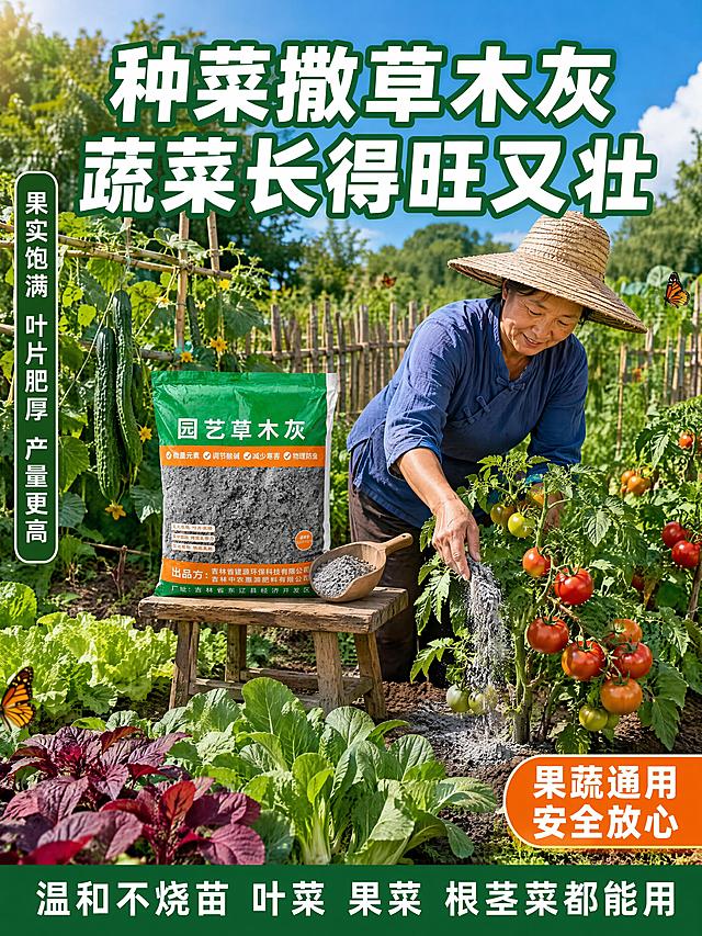 [第8张] 果蔬使用场景页-菜园种菜场景实拍 + 蔬菜长势旺盛展示。本张使用【图1】草木灰包装袋作为场景产品。
[氛围/风格] 田园菜园风光，自然质朴，丰收喜悦感，商业摄影质感
[元素布局] 家庭小菜园场景，一畦畦整齐的菜地，种着各种新鲜蔬菜：挂满红果的西红柿、爬满架的黄瓜、绿油油的生菜和小白菜、紫红色的苋菜，果实饱满，叶片翠绿有光泽。菜地中间的小木板凳上放着一袋园艺草木灰（使用图1）和一个装着草木灰的木瓢。一位戴草帽穿蓝色布衣的农民女性（半身，正在劳作）正将草木灰均匀撒在西红柿根部周围的土壤上，动作自然熟练。背景是竹篱笆、远处的果树和蓝天白云。菜地边缘有几只蝴蝶飞舞。保持草木灰包装袋外观与图1一致。
[光影质感] 上午的阳光从左上方照射，光线明亮充足，蔬菜叶片上有轻微露珠反光，田园气息浓厚，人物身上有自然的阳光感
[配色色系] 全局底色为田园自然色，主色蔬菜绿和土棕色；辅助色西红柿红、黄瓜绿、天空蓝、包装袋绿
[视角构图] 平视角度，菜地延伸向远方有纵深感，人物撒肥动作为视觉焦点
[文字版式] 顶部主标题「种菜撒草木灰 蔬菜长得旺又壮」，白色粗体大字带深绿描边。左侧竖排小字：果实饱满 叶片肥厚 产量更高。右下角橙色标签：果蔬通用 安全放心。底部通栏深绿底条，白字：温和不烧苗 叶菜 果菜 根茎菜都能用。文字清晰，不遮挡主要蔬菜和人物动作。
[比例分辨率] 3:4 竖版比例，4K 分辨率，文字清晰可辨，高清画质
[负向提示词] 变形，水印，文字错乱，文字过小，产品图模糊，背景杂乱，除虫字样，电商平台Logo，多余的手，多余的手指，畸形手，融合手指，手部扭曲，肢体穿模，人物面部扭曲，关节反折