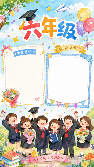 六年级毕业纪念册展示页，卡通手绘水彩风格，小学生风格，大标题"六年级"，两个空白框留作填写文案和粘贴照片，增加可爱小学生娃娃形象，点缀毕业帽、花束、气球、纸飞机等毕业元素，色彩明亮清新，符合毕业主题预览效果