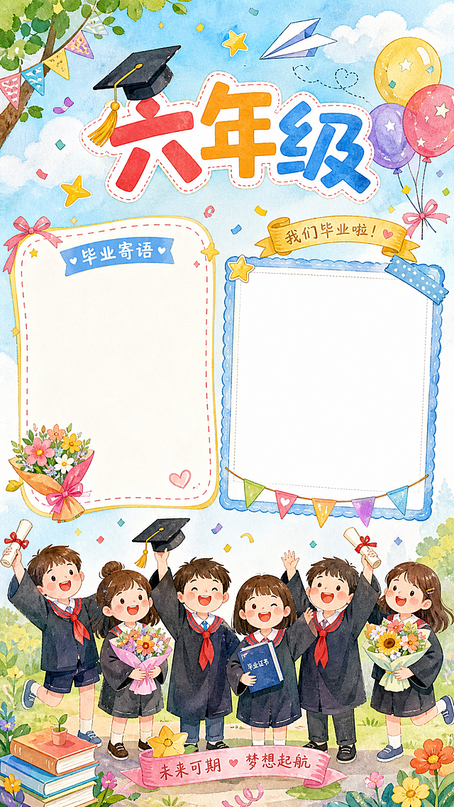 六年级毕业纪念册展示页，卡通手绘水彩风格，小学生风格，大标题"六年级"，两个空白框留作填写文案和粘贴照片，增加可爱小学生娃娃形象，点缀毕业帽、花束、气球、纸飞机等毕业元素，色彩明亮清新，符合毕业主题