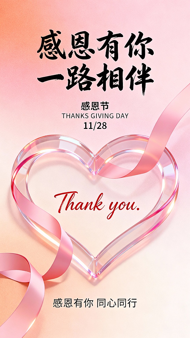 温馨感恩主题海报，柔和渐变粉色到淡橙色背景营造温暖治愈氛围，画面中心偏上位置为醒目的黑色毛笔书法字体“感恩有你 一路相伴”，字体大气飘逸富有浓厚人文气息，其下方居中排列黑色小字“感恩节”、英文“THANKS GIVING DAY”及日期“11/28”形成清晰信息层级，海报下半部分是由半透明粉色丝带巧妙缠绕形成的立体心形图案，丝带边缘带有柔和高光增添画面层次感与浪漫质感，心形图案内部中央用潇洒的红色手写体英文书写“Thank you.”，字体灵动自然，海报底部为黑色小字“感恩有你 同心同行”，整体采用垂直对称构图，视觉焦点突出，色彩和谐统一，传达浓厚感恩与陪伴之情，设计简洁大方且富有节日氛围，无LOGO、电话地址及二维码。