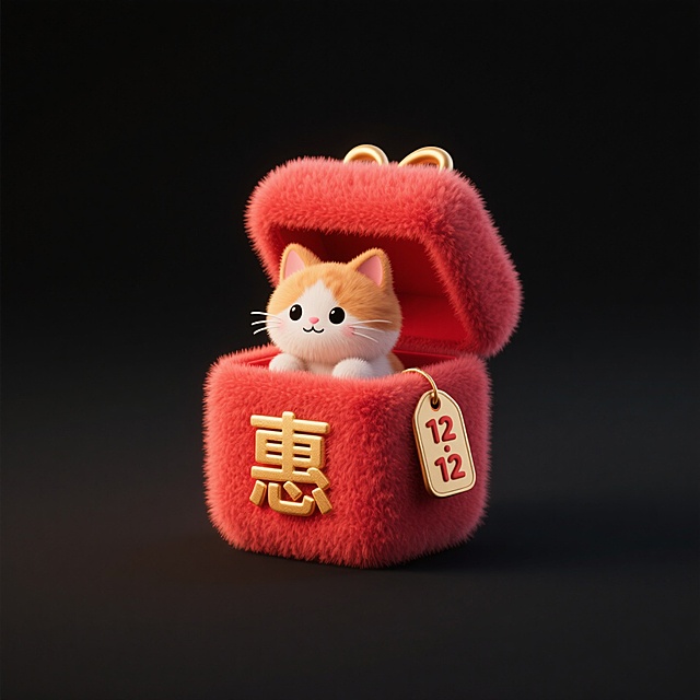 软3D风格毛绒红包盒，萌猫探头，金“惠”字浮雕与12.12标签，融合可爱、卡通与喜庆元素，节日氛围浓厚。