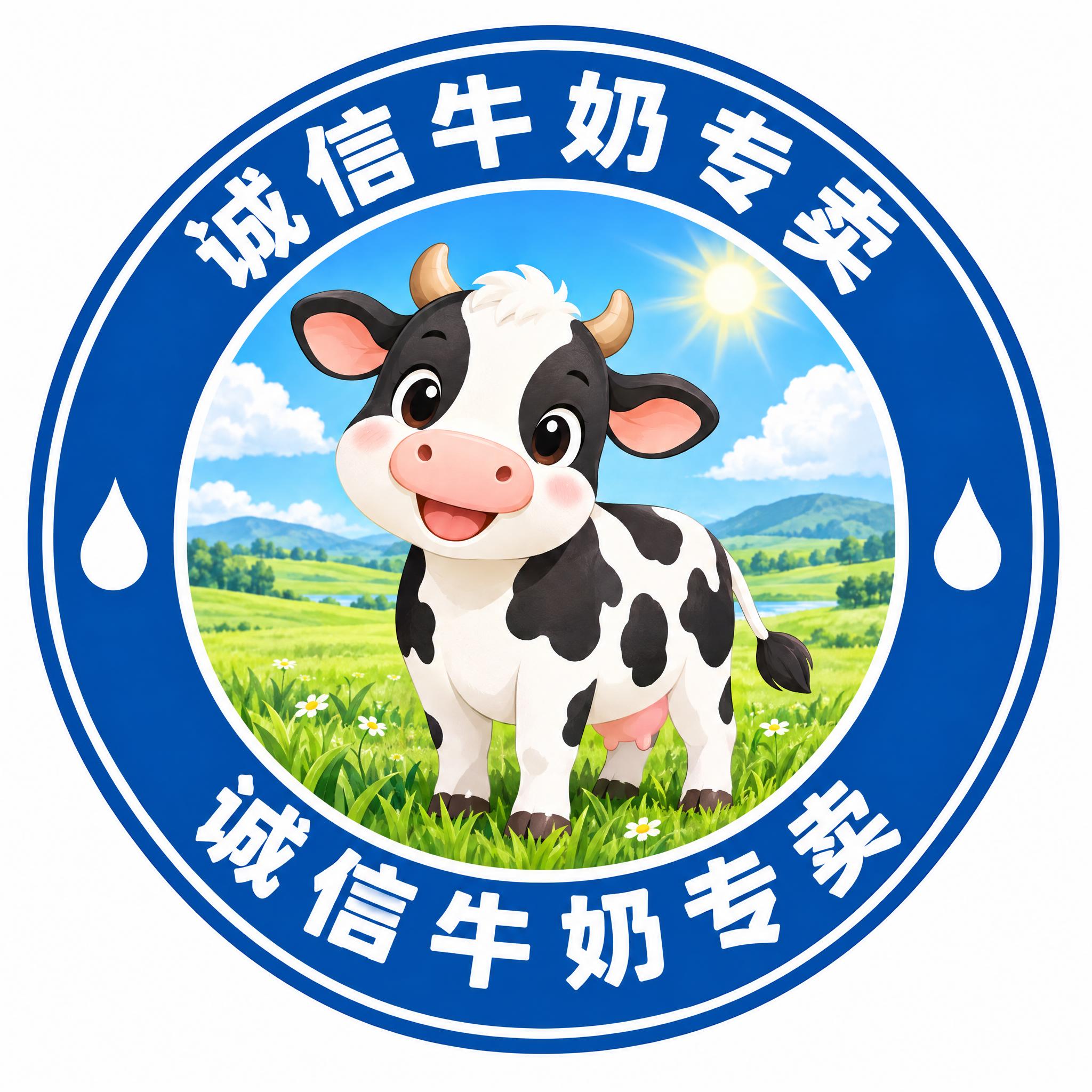 生成一枚圆形牛奶品牌徽章/Logo图案，整体为圆形构图：外圈一… - 图片创意预览