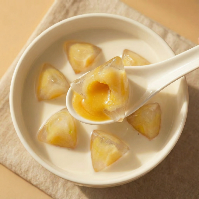 俯视咬痕冰粽：勺子托咬痕冰粽，黄色馅料流出，牛奶碗中散落冰粽，暖光凸显流心质感预览效果