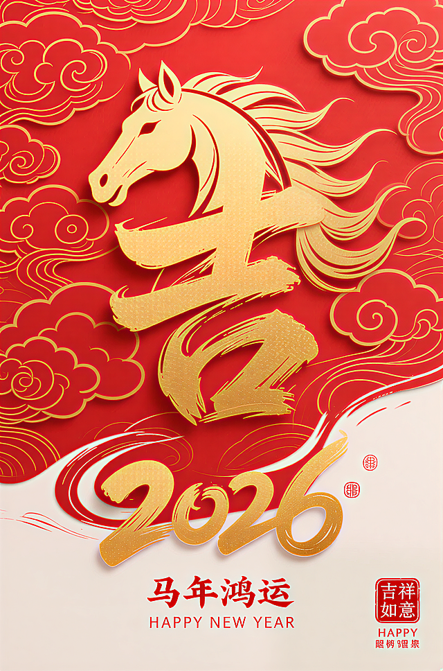 剪纸风与鎏金浮雕结合，马形融入“马”字书法，红金配色尽显国潮喜庆，祥云环绕，彰显中式民族韵味，2026马年鸿运当头。