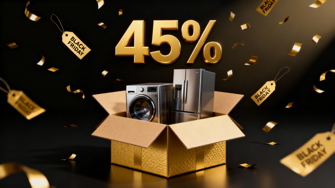 黑色星期五黑五黑金渐变色调的Black Friday促销海报，46%折扣信息以醒目金色立体数字呈现，黑色背景上金色纸屑与促销标签飞溅，打开的金色礼盒中展示着具有磨砂金属质感的家电产品，礼盒边缘呈现哑光卡纸纹理，整体保持3D渲染的写实风格与光影对比，营造出奢华而充满活力的促销氛围，视觉焦点集中在折扣信息与礼盒内的产品上，信息传达高效明确。预览效果