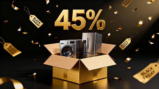 黑金渐变色调的Black Friday促销海报，46%折扣信息以醒目金色立体数字呈现，黑色背景上金色纸屑与促销标签飞溅，打开的金色礼盒中展示着具有磨砂金属质感的家电产品，礼盒边缘呈现哑光卡纸纹理，整体保持3D渲染的写实风格与光影对比，营造出奢华而充满活力的促销氛围，视觉焦点集中在折扣信息与礼盒内的产品上，信息传达高效明确。