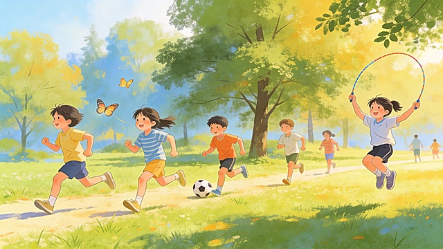 儿童青少年户外活动主题手绘插画，展示孩子们在户外奔跑玩耍的场景，体现鼓励多运动减少久坐的健康观念，手绘插画风格，活泼明快，画面无任何文字