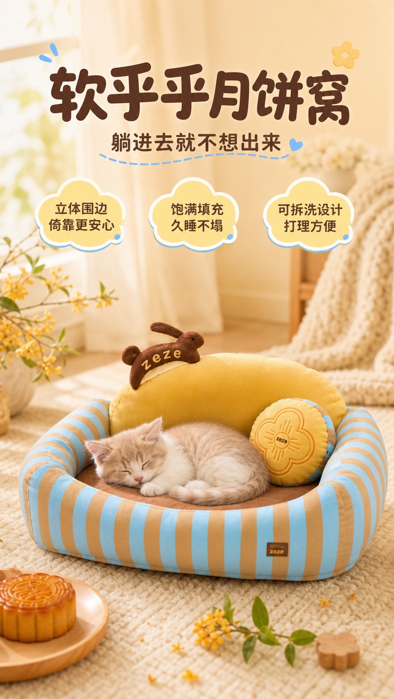 [商品] 使用【图4】zeze月饼条纹猫窝；保留蓝棕条纹围边、… - 图片创意预览
