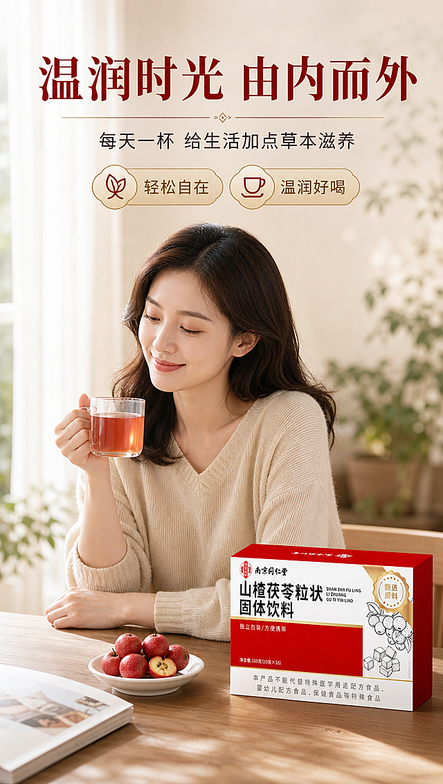 [商品] 使用【图1】南京同仁堂山楂茯苓粒状固体饮料包装盒置于桌面右侧；保留包装盒完整外观、Logo和文字清晰可辨；产品占画面约20%，与人物和杯子形成和谐构图。
[画面] 目标：模特生活方式页，展示女性白领日常饮用场景。构图：模特半身生活方式型，亚洲女性约30岁，气质温婉，穿简约米色针织衫；她坐在明亮的窗边桌前，右手轻握透明玻璃杯（盛有山楂茯苓饮品），左手自然放在桌面；表情放松愉悦，目光看向杯子；桌上有产品包装盒、一小碟山楂、一本杂志；背景是柔和虚化的室内绿植和窗帘；整体氛围温暖治愈，呈现品质生活感。
[视觉] 套系策略：风格=中式草本养生商业摄影风，温暖高级有质感；标题字=宋体加粗，带中式衬线气质；正文字=简洁无衬线体；主色=中国红+米白金；背景延展=基于米白、浅金、暖棕做深浅层级和细腻纸质/布纹质感；强调色=朱砂红，仅用于小面积图标、引线和标签；标题色=深朱砂红；正文色=深暖灰；组件=圆角浅金信息卡、细金线引线、中式印章式标签；光影=左侧窗边自然柔光，人物面部光线柔和，产品清晰不背光。
[文字] 主标题：温润时光 由内而外；副标题：每天一杯 给生活加点草本滋养；2个情绪卖点：轻松自在、温润好喝；文字位于画面上方留白处，横排排版，不遮挡人物面部和产品主体。
[规格] 图片比例9:16竖版，4K分辨率，负向提示：避免变形、错字、文字过小、人物表情僵硬、医疗功效暗示、包装文字错乱、欧美面孔。
