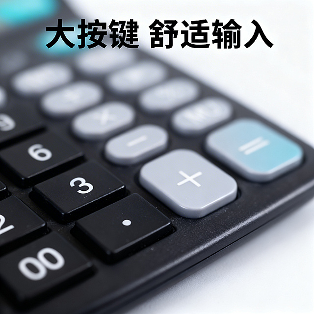 [主图 3] 计算器按键细节放大展示图
[氛围风格] 微距特写，专业质感，清晰展示做工
[画面元素] 商业摄影质感、光线柔和通透、产品清晰真实、画面干净高级。放大展示计算器按键区域，重点突出大按键设计和清晰字体，背景做虚化处理，突出按键细节。保留原产品按键的颜色分布和字体设计不变。
[配色色系] 保留产品原有黑、灰、青蓝配色，背景虚化浅灰色
[视角构图] 特写平视，按键区域占据画面主体，浅景深突出细节，无边框满版构图
[文字版式] 顶部标题“大按键 舒适输入”黑色粗体无衬线，字号适中，不遮挡核心展示区域，背景简洁无干扰。
[比例分辨率] 1:1 比例，2k 分辨率，文字清晰可辨，超高清。
[负向提示词] 变形，水印，文字错乱，产品图模糊，背景杂乱，遮挡主体