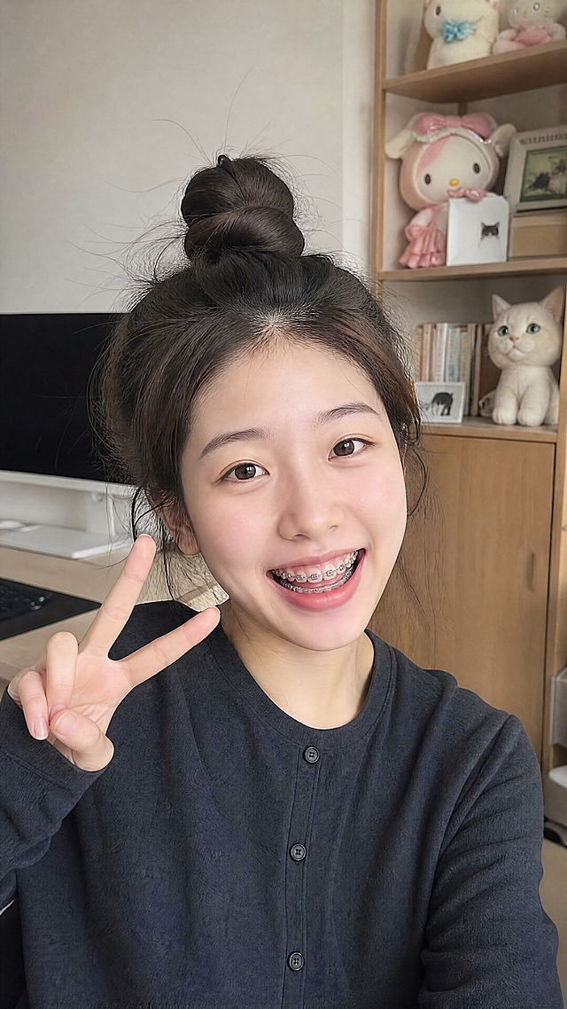 年轻东亚女生，高丸子头，素颜淡妆，笑容灿烂，嘴巴张开牙齿完整露出戴着金属托槽牙套，穿着居家的不漏肉的长袖衣服（非白色），居家诊室室内背景，书桌电脑摆件置物架，柔和室内自然光，写实人像，iPhone原相机拍摄，高清8k，胶片质感，面部清晰，氛围感日常自拍，画面9:16竖版