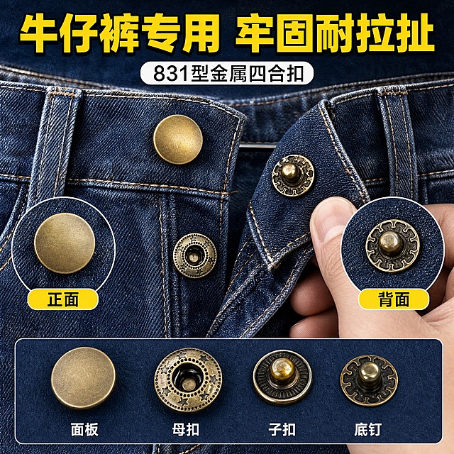 [主图-18] 831型金属四合扣 牛仔裤应用场景图。
[统一基调] 淘宝五金配件风格 深蓝牛仔背景 主标题黄色粗黑体 辅助说明白色细黑体 整体休闲工装感。
[画面] 画面展示深蓝色牛仔裤的腰头部分 古铜色四合扣替代传统纽扣 一只手正在拉开裤腰展示扣子 左侧特写扣合正面 右侧特写扣合背面 底部小图展示四合扣组件 顶部标题 牛仔裤专用 牢固耐拉扯。
[光影质感] 室内自然光 牛仔布料纹理真实 古铜色扣子与牛仔搭配自然 手部动作随意自然。
[配色] 背景深蓝色牛仔布质感 主标题黄色 产品古铜金属色+蓝色牛仔 对比鲜明。
[文字版式] 顶部黄色大标题 牛仔裤专用 牢固耐拉扯 左右小标注 正面 背面 字体统一黑体 醒目有力。
[输出要求] 1:1正方形 2048x2048 场景真实 产品清晰 文字可读 负向 变形 错字 模糊 手指畸形