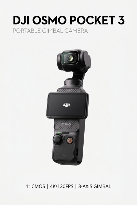严格还原参考图中DJI Osmo Pocket 3产品所有细节：哑光黑机身、DJI/OSMO品牌LOGO位置、文字内容、橙色录制按键、云台镜头结构、可旋转触控屏。生成2:3竖屏，8K超高清，锐度拉满，预览效果