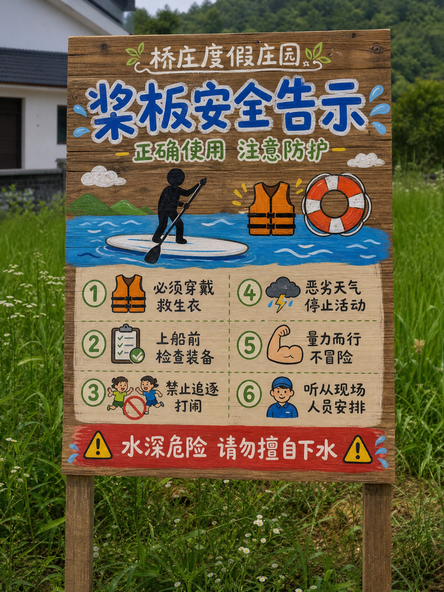 手绘涂鸦风格实木告示牌，质朴原木拼接木板材质，自然木纹清晰可见… - 图片创意预览