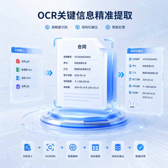OCR关键信息精准提取科技主图，浅色科技背景，展示文档数据信息提取处理，科技技术感，无人像预览效果