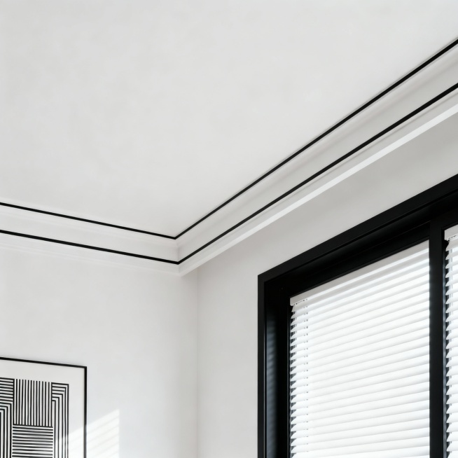 现代简约风格的室内角落图，核心元素是石膏线吊顶 + 百叶窗 + 极简装饰，整体呈现干净、高级的视觉效果：
石膏线设计墙面与天花板的阴角处，装了窄款平板石膏线（属于现代简约风常用款），既遮挡了墙角缝隙的预览效果